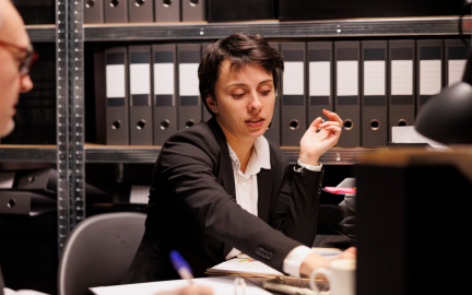 Criminal defense attorney reviewing case files in an office