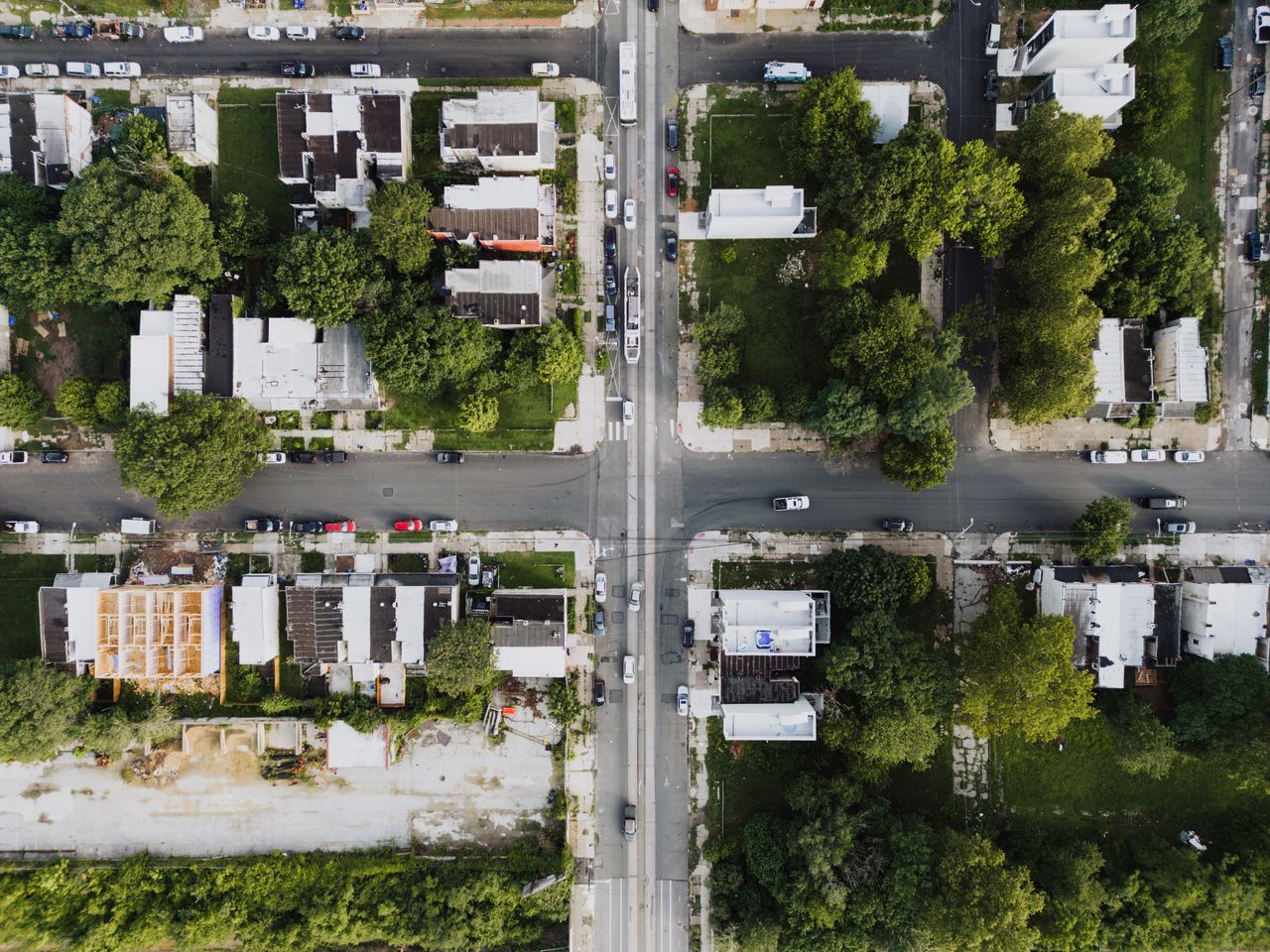 Aerial view of a Hackensack neighborhood and real estate properties