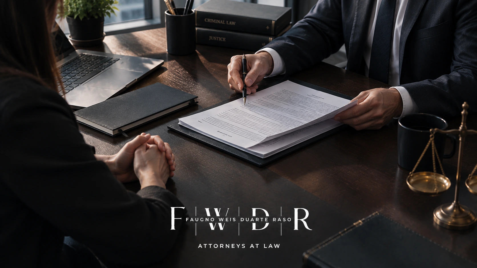 Attorney reviewing criminal case documents across a desk with scales of justice