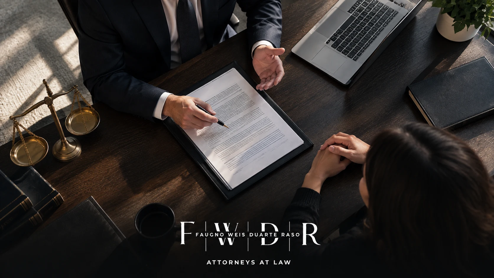 Attorney reviewing documents with a client next to golden scales of justice