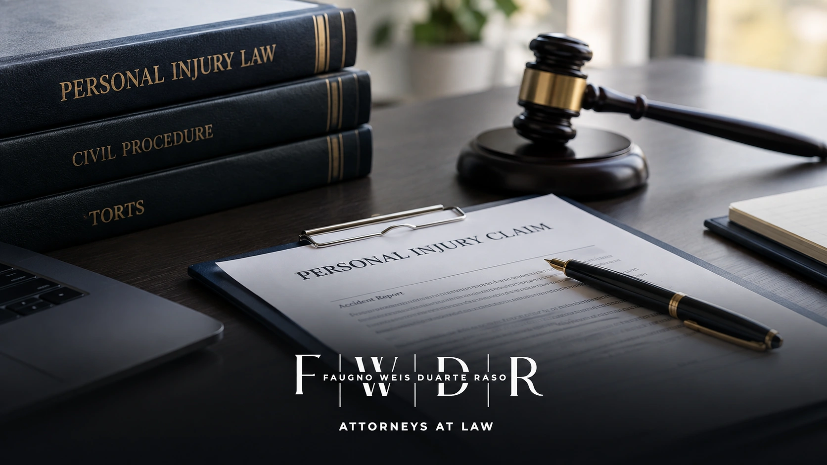 Personal injury claim document with a gavel and law books on a desk